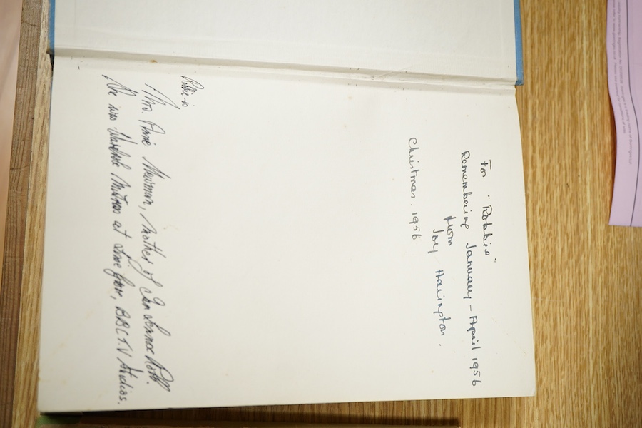 Three various books, Tree tops by Jim Corbett, Jesus of Nazareth by Joy Harington and The Old Man and the Sea by Ernest Hemingway, each autographed